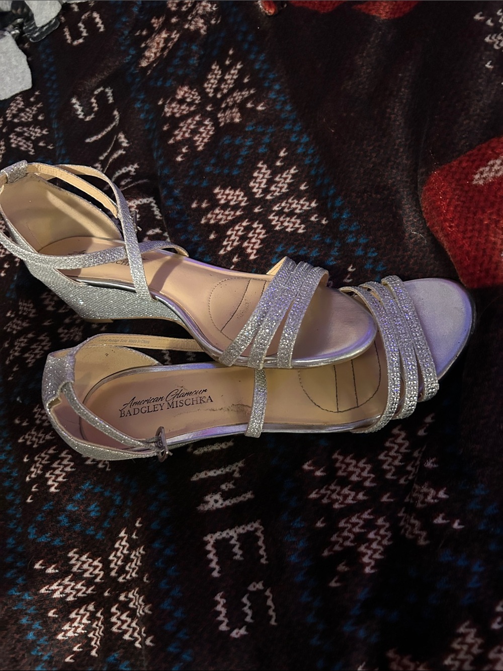 Badgley Mischka Silver Glitter Strappy Wedge Sandals